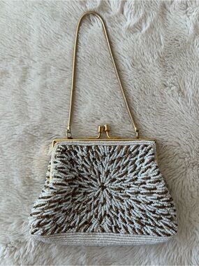 Vintage Beaded White and Gold Evening Clutch Mini Handbag